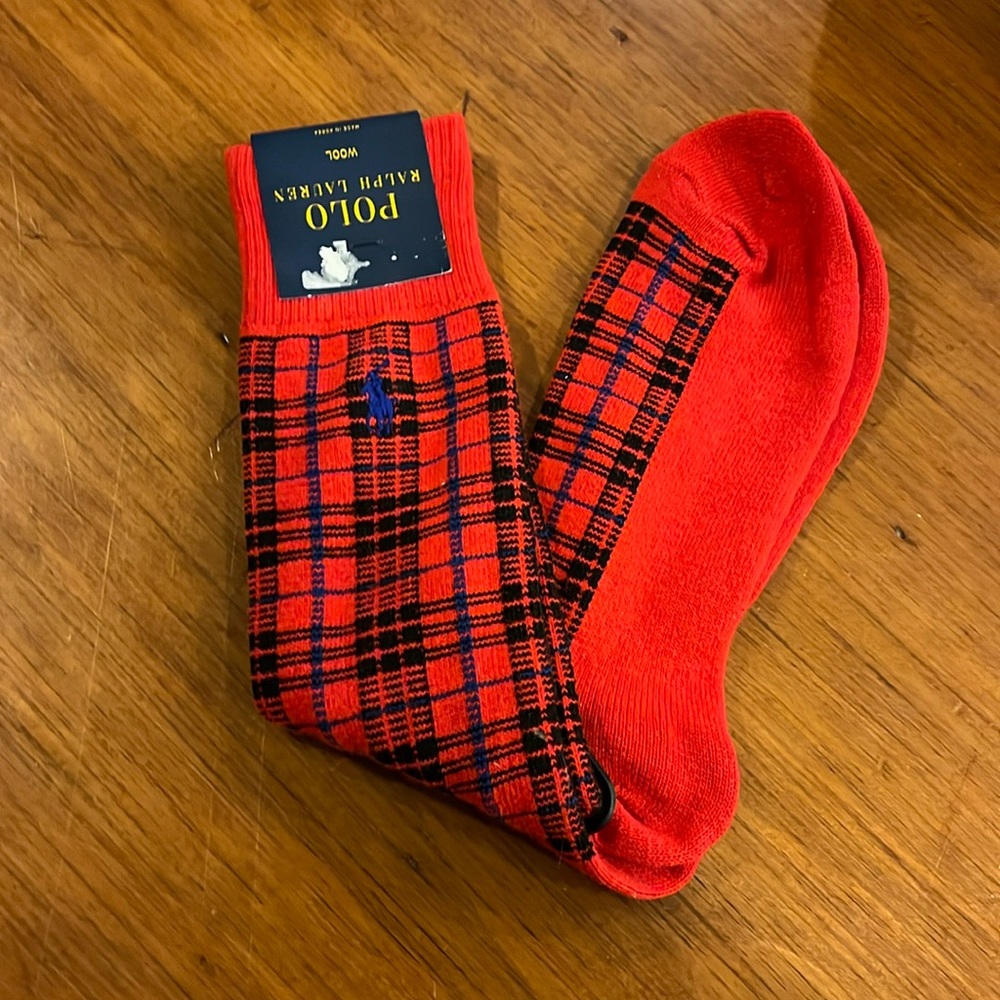 Polo Ralph Lauren Wool Blend Socks red plaid new fits Mens Shoe Size 6-12.5